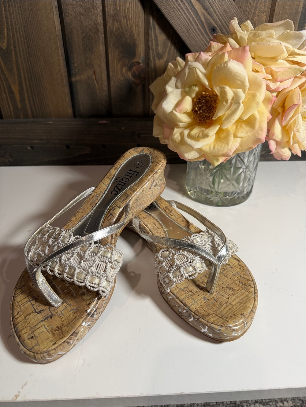 FitFlop Silver Crochet Cork Wedge Thong Sandals